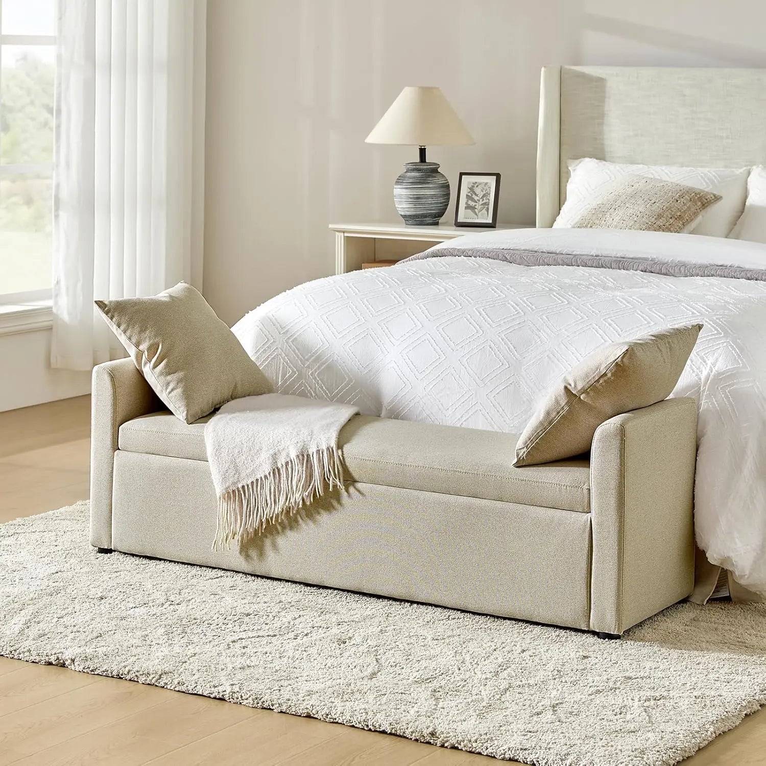Modern Storage Bench with Throw Pillows, 59.4" Extra Long Bedroom Ottoman Bench for End of Bed, Comfy Upholstered
