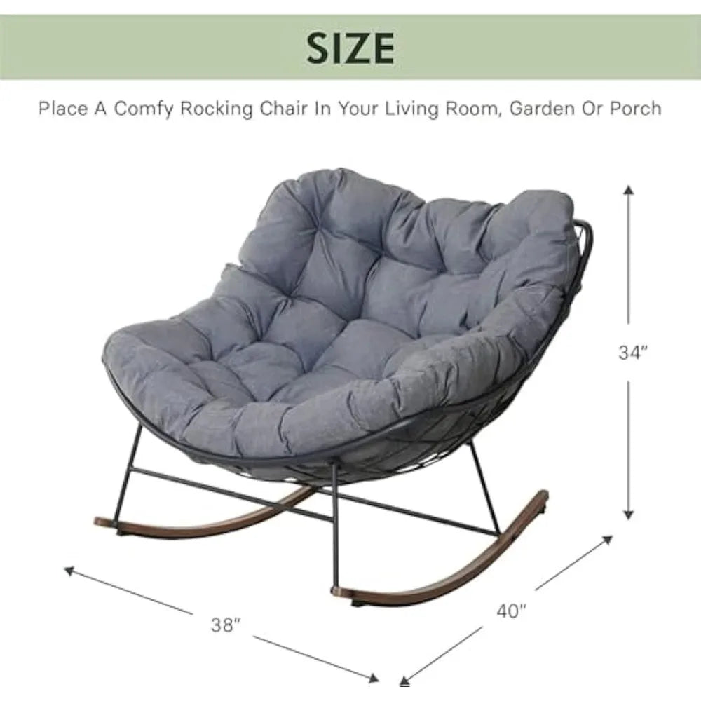 Outdoor Rocking Chair, E-Coated Modern Cozy Lounge Rocker Chair with Cushion for Balcony Porch Patio, Gray
