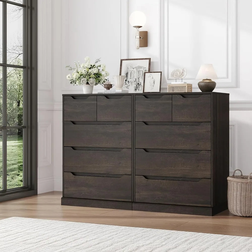 modern 5 drawer dresser for bedroom, chest of drawers with storage, wood storage chest organizers with cut-out handles, accent