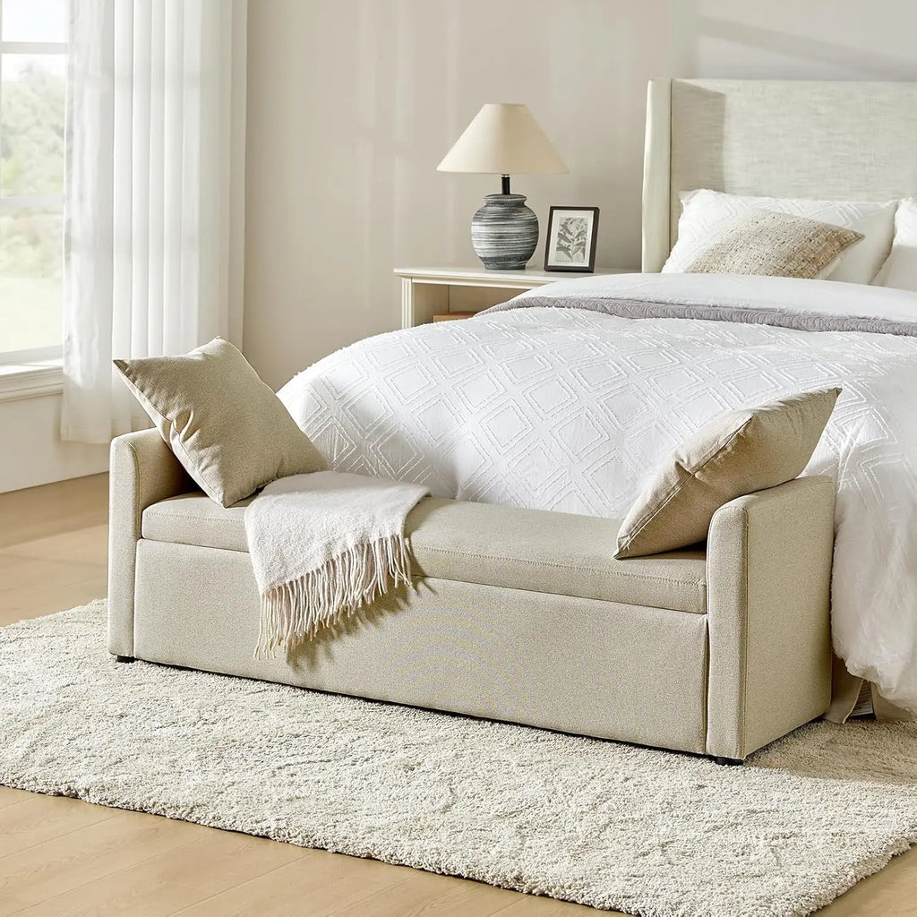 Modern Storage Bench with Throw Pillows, 59.4" Extra Long Bedroom Ottoman Bench for End of Bed, Comfy Upholstered