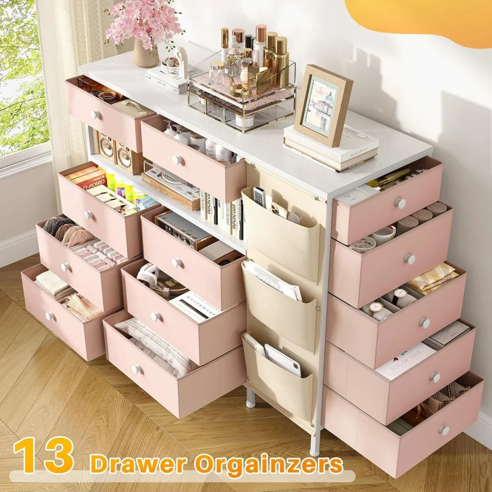 Pink 13 Drawer Dresser for Bedroom with LED Lights and 3 Side Pockets, Closet Island with 2 Open Shelves, Dressers & Chests of D