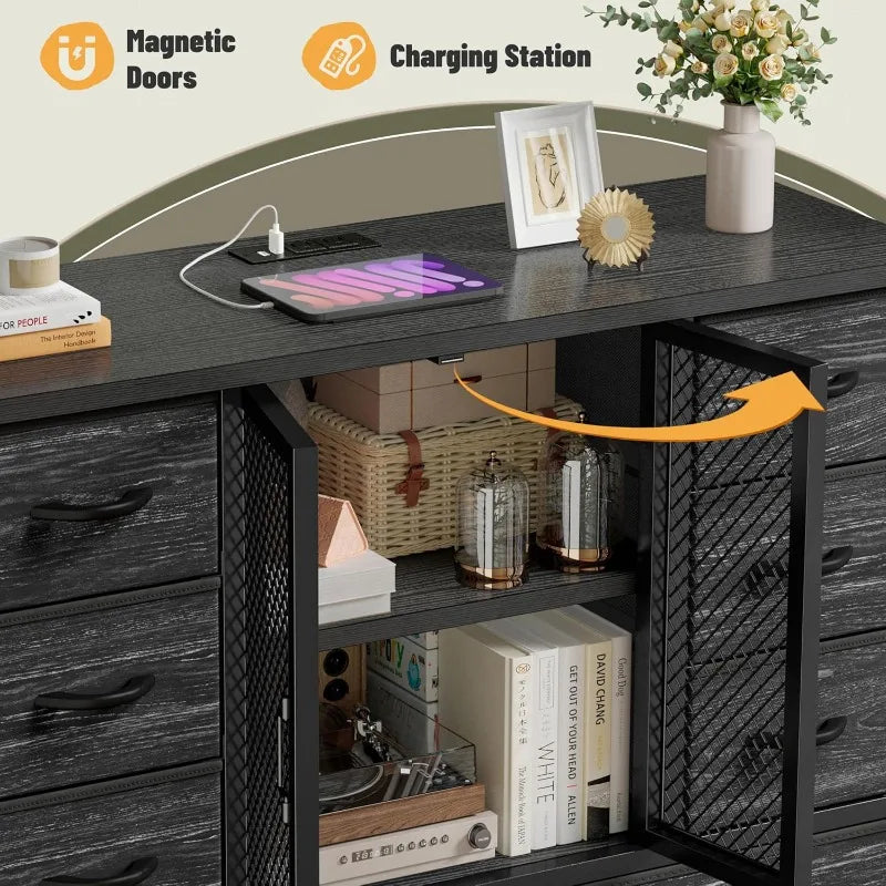 Tall Dresser with 12 Drawers Dresser for Bedroom with Charging Station&Mesh Door Fabric Dressers Black, 11.8"D x 37.8"W x 50.6"H