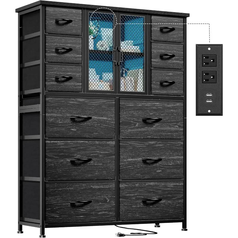 Tall Dresser with 12 Drawers Dresser for Bedroom with Charging Station&Mesh Door Fabric Dressers Black, 11.8"D x 37.8"W x 50.6"H