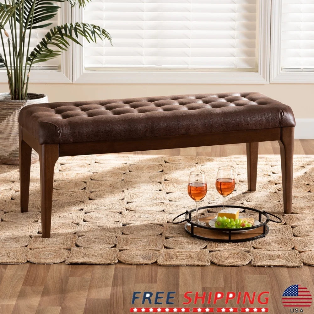 Mid-Century Modern Upholstered Dining Bench Solid Rubberwood Foam Padding Faux Leather Tapered Legs Indoor Assembly Required