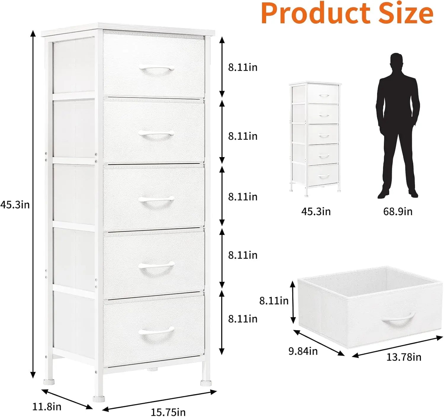 White Tall Dresser For Bedroom, Closet Organizers And Storage Tall Fabric Dresser For Closet, Drawer Organizer With 5 Drawers,