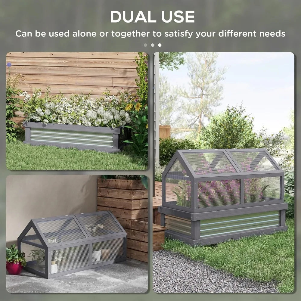 Raised Garden Bed with Polycarbonate Greenhouse, Wooden Cold Frame for Flower Plant Protection, 48 x 2 Feet