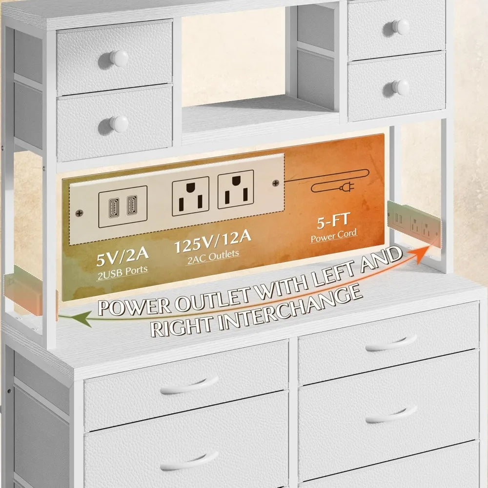 Tall Dresser for Bedroom with 14 Fabric Drawers,White Dresser with Charging Station and LED Lights,Dressers & Chests of Drawers