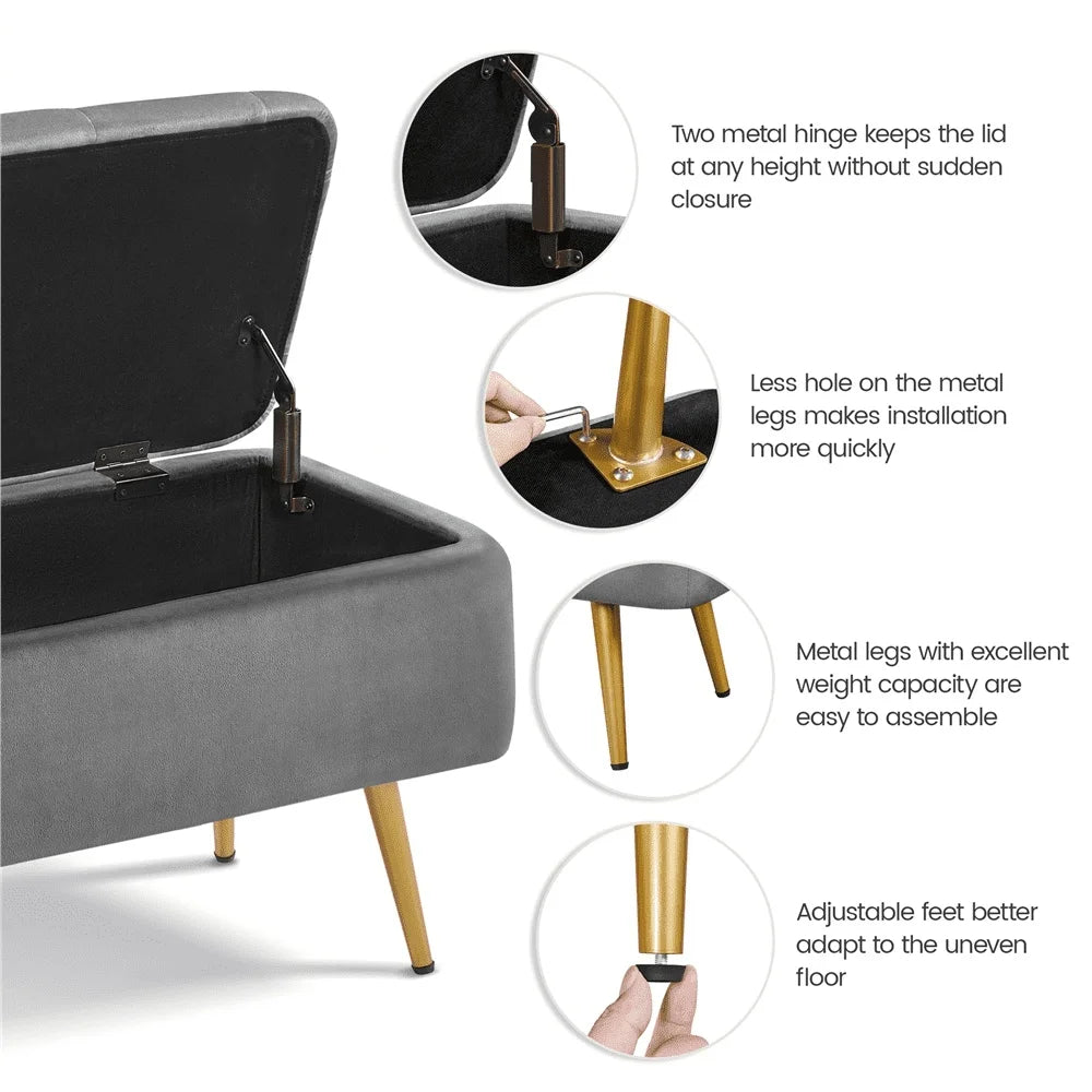 Modern Velvet Upholstered Storage Bench with Metal Legs Indoor Use Soft Touch High Density Foam Quick Assembly Large Capacity