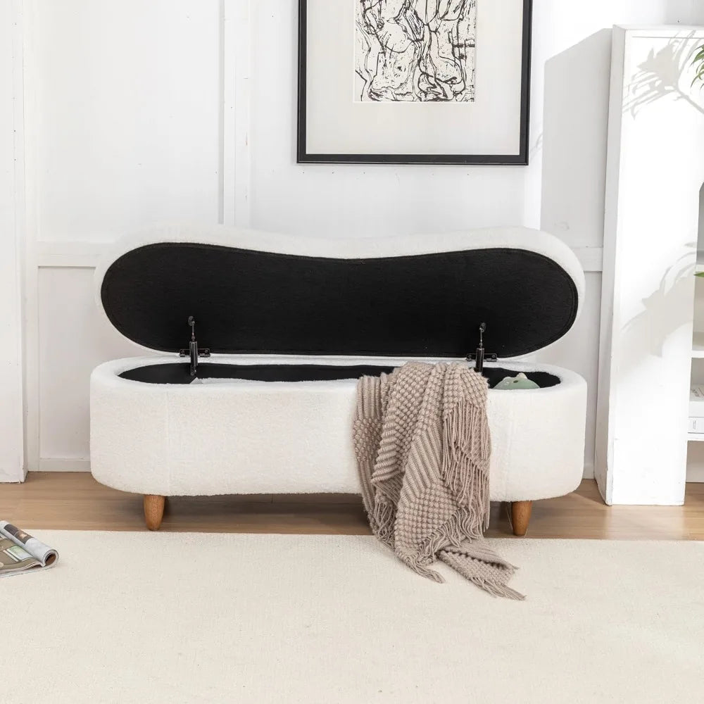48" Storage Ottoman Bench, Upholstered Oval Entryway Bench with 4 Solid Wood Legs, Flip-Top Teddy Fabric Footrest for Bedroom