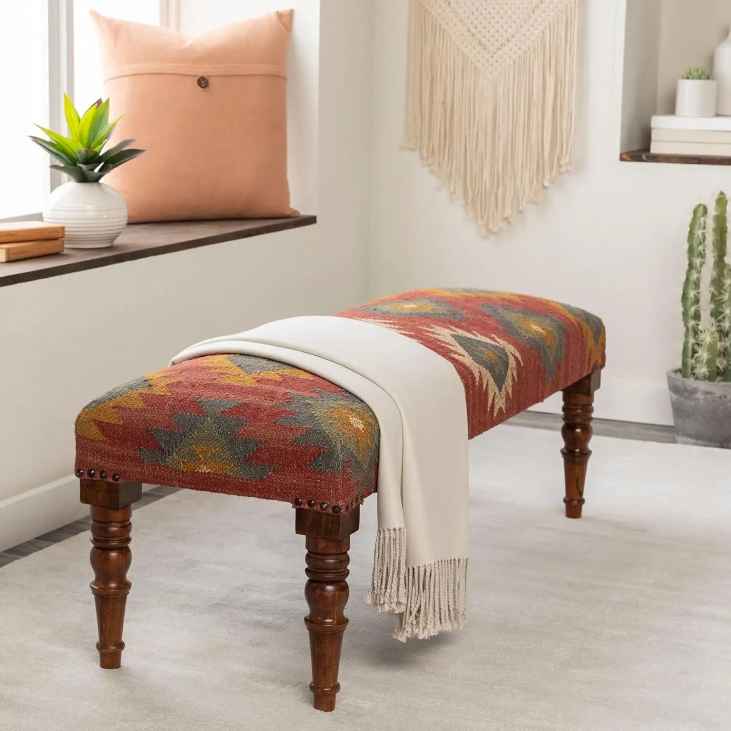 Mark&Day Bedroom Bench, Gran Dark Green Upholstered End of Bed Ottoman Benches, Rustic Boho Entryway Footrest Stool Seat, Handma