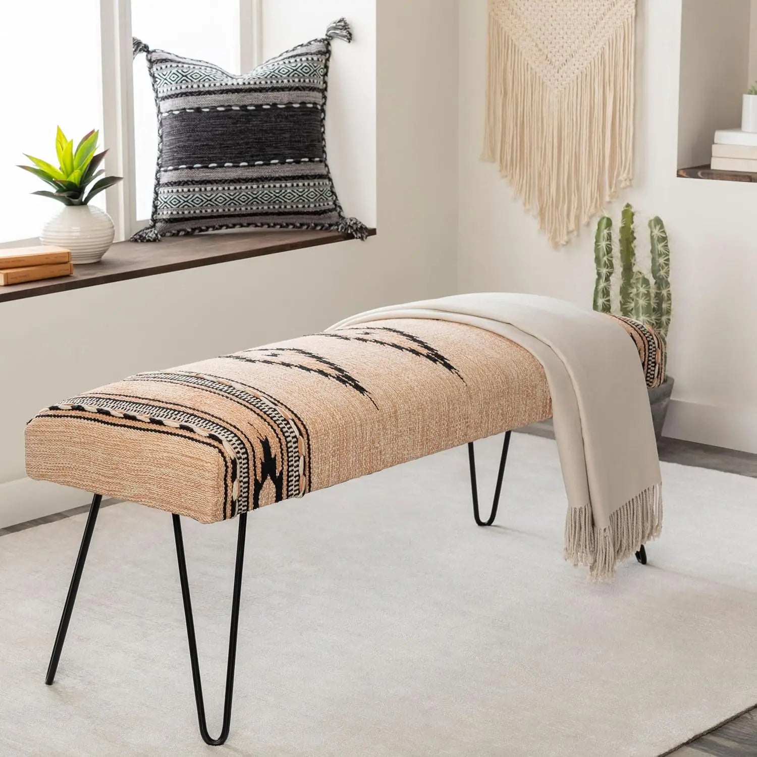 Mark&Day Bedroom Bench, Gran Dark Green Upholstered End of Bed Ottoman Benches, Rustic Boho Entryway Footrest Stool Seat, Handma