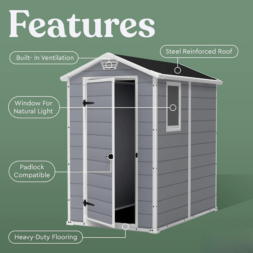 Manor 4x6 Resin Outdoor Storage Shed Kit-Perfect to Store Patio Furniture, Garden Tools Bike Accessories, Beach Chairs and Lawn