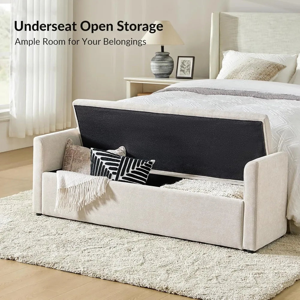 Modern Storage Bench with Throw Pillows, 59.4" Extra Long Bedroom Ottoman Bench for End of Bed, Comfy Upholstered