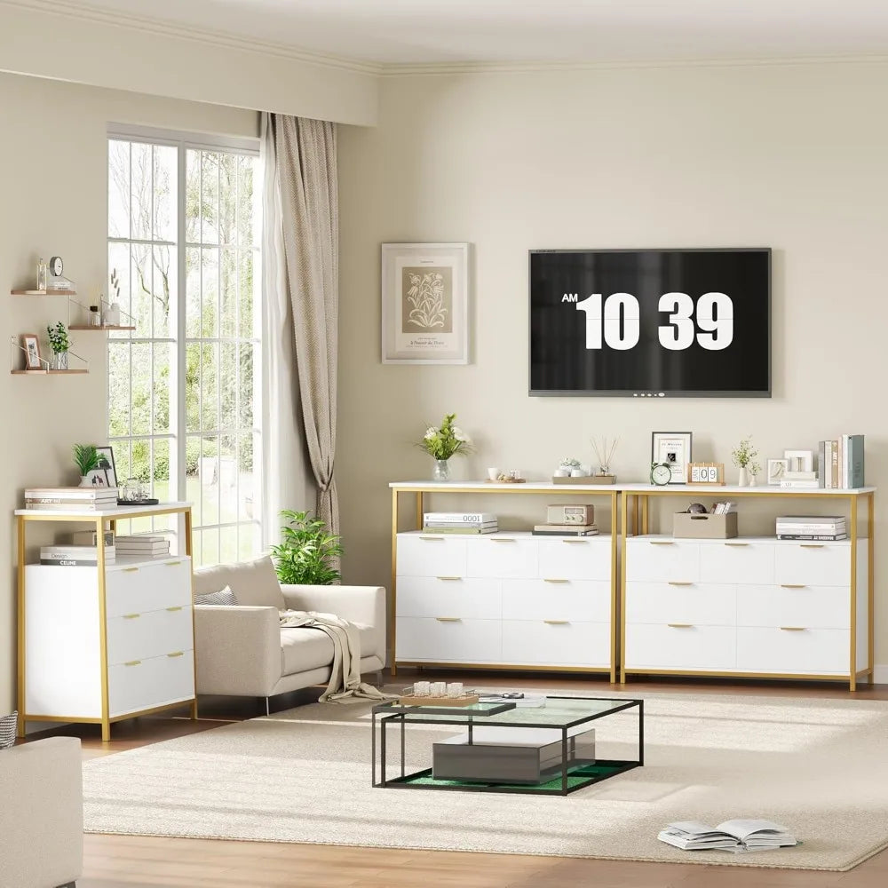 Modern 7 Drawer Dresser, White Dresser with Metal Handles, White and Gold Dresser, Tall Dresser Chest of Drawers, Large Capacity