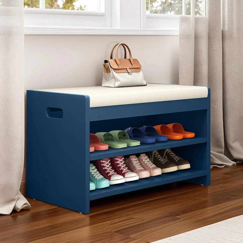 2-Tier Shoe Bench Organizer Entryway Storage Unit Comfortable Cushion Easy Assembly Indoor Use Hallway Mudroom