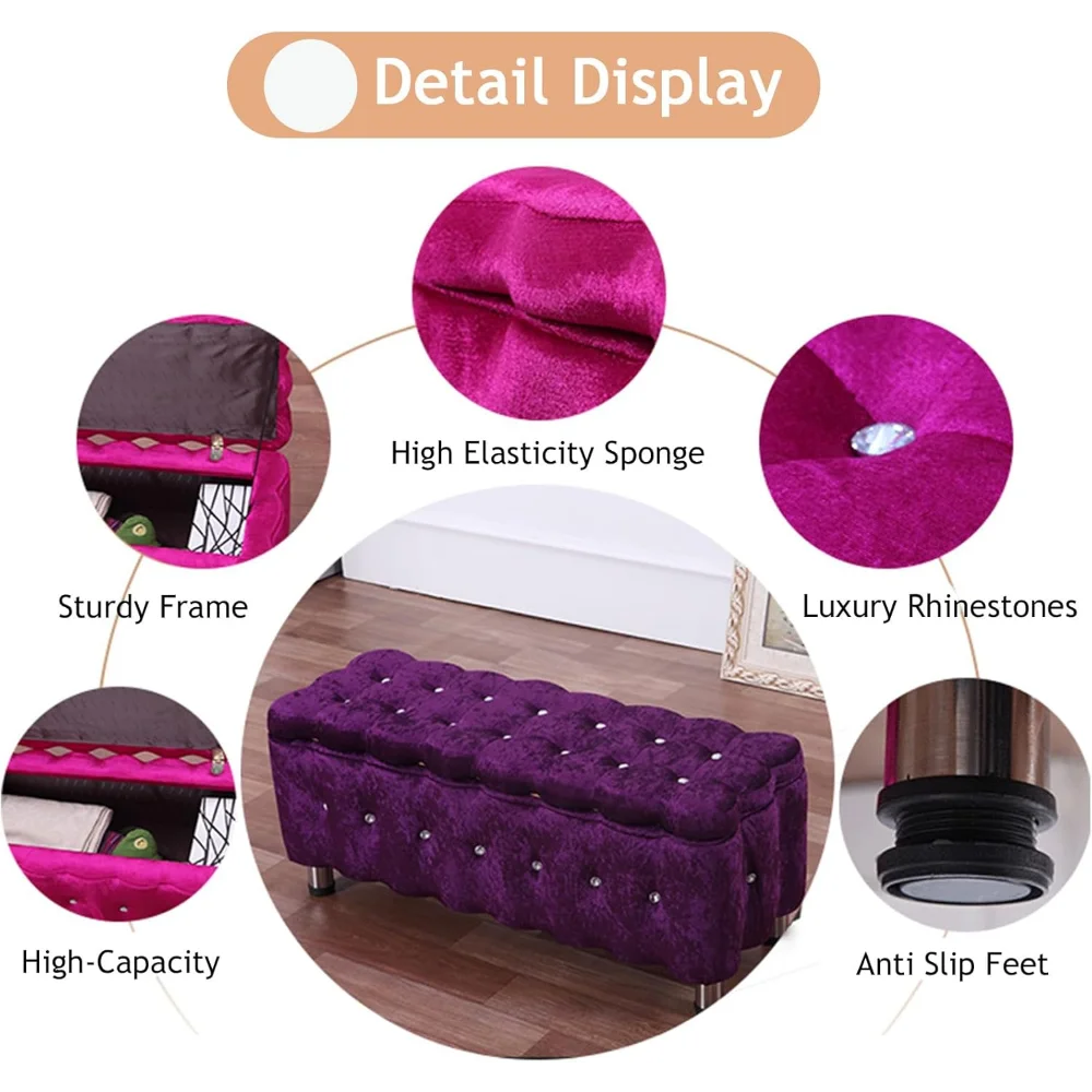 Velvet Tufted Storage Ottoman Bench, Upholstered Large Capacity Entryway Bench with Metal Legs,Modern Comfy End of Bed Benches