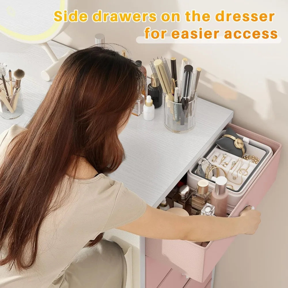 Pink 13 Drawer Dresser for Bedroom with LED Lights and 3 Side Pockets, Closet Island with 2 Open Shelves, Dressers & Chests of D