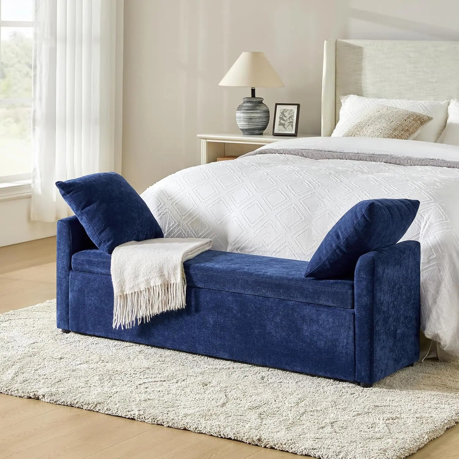 Modern Storage Bench with Throw Pillows, 59.4" Extra Long Bedroom Ottoman Bench for End of Bed, Comfy Upholstered
