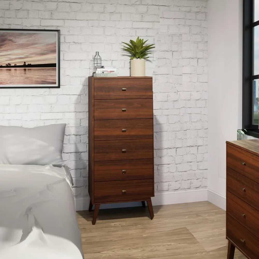 Prepac Milo Mid-Century Modern 6 Drawer Dresser, Tall and Narrow Chest of Drawers, Retro Bedroom Furniture, Lingerie Dresser, 18