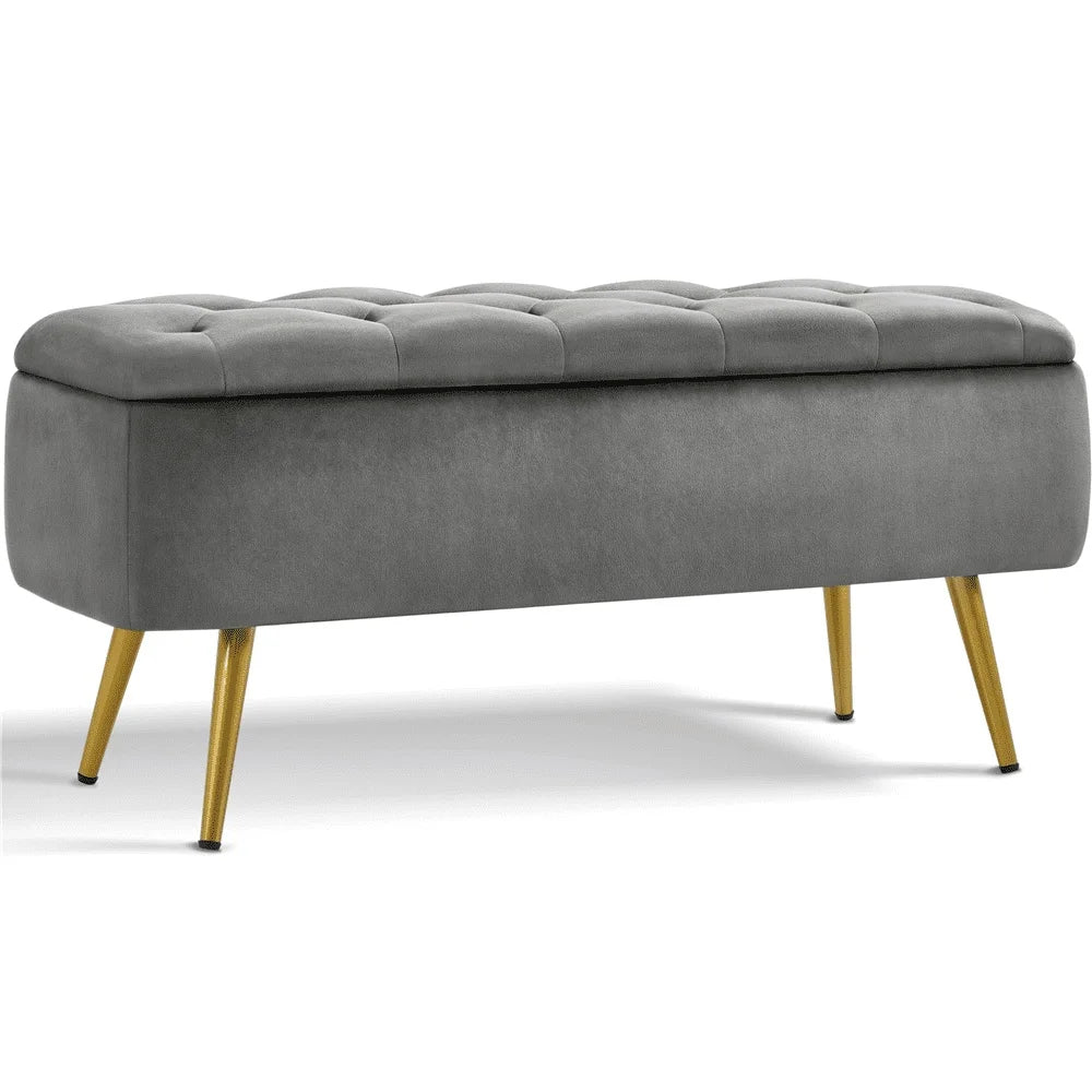Modern Velvet Upholstered Storage Bench with Metal Legs Indoor Use Soft Touch High Density Foam Quick Assembly Large Capacity