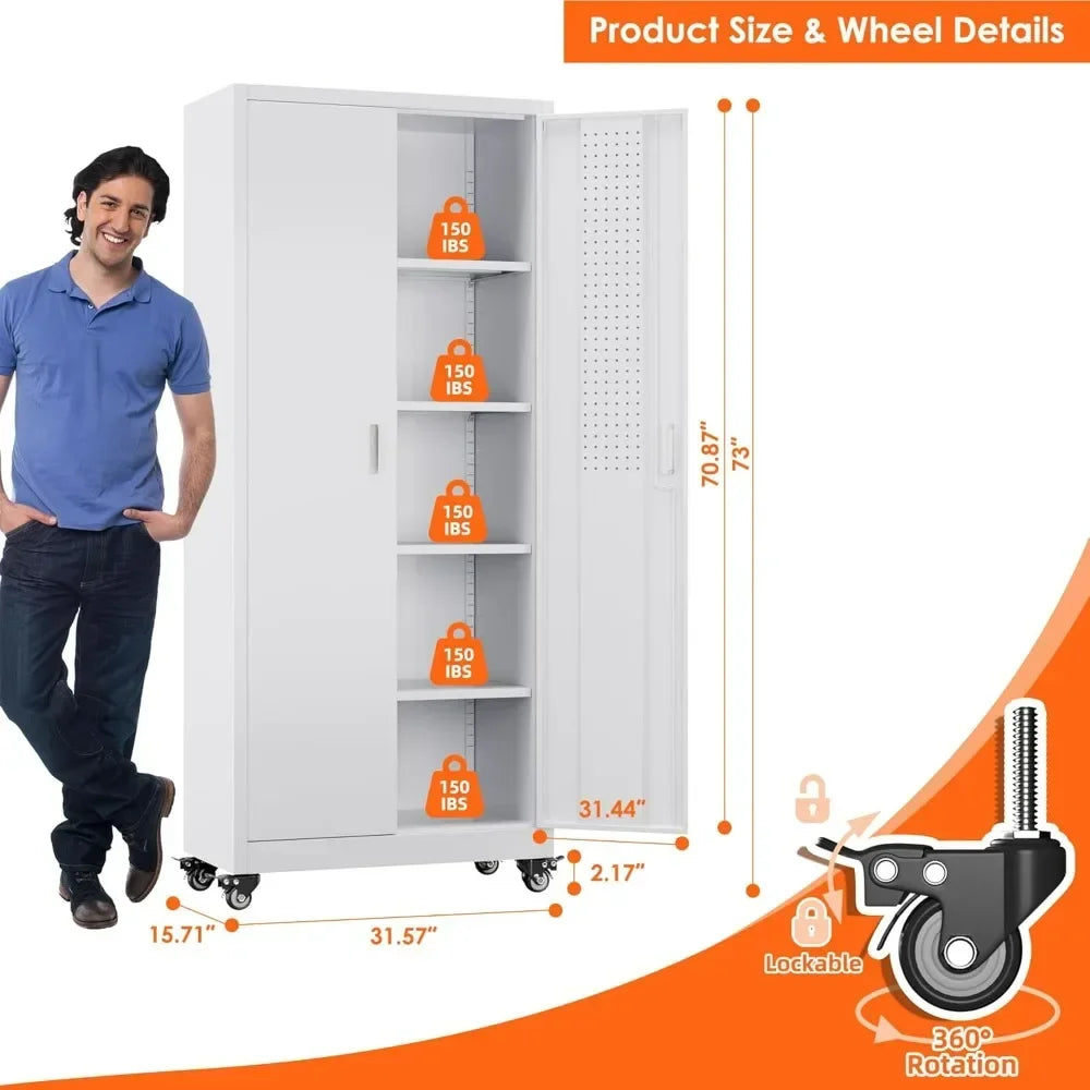 YQXH 73''H Metal Garage Storage Cabinet with Pegboard, Rolling Tool Cabinets on Wheels,Steel Locker