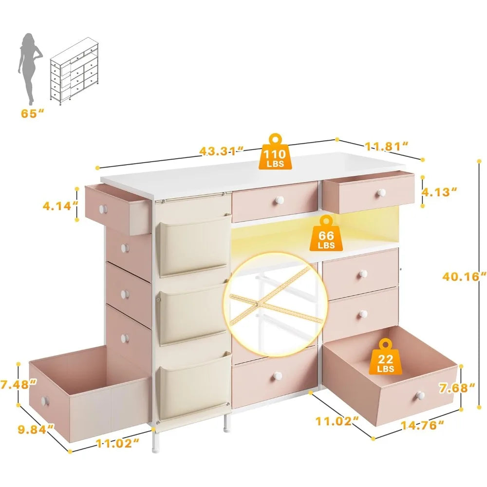 Pink 13 Drawer Dresser for Bedroom with LED Lights and 3 Side Pockets, Closet Island with 2 Open Shelves, Dressers & Chests of D