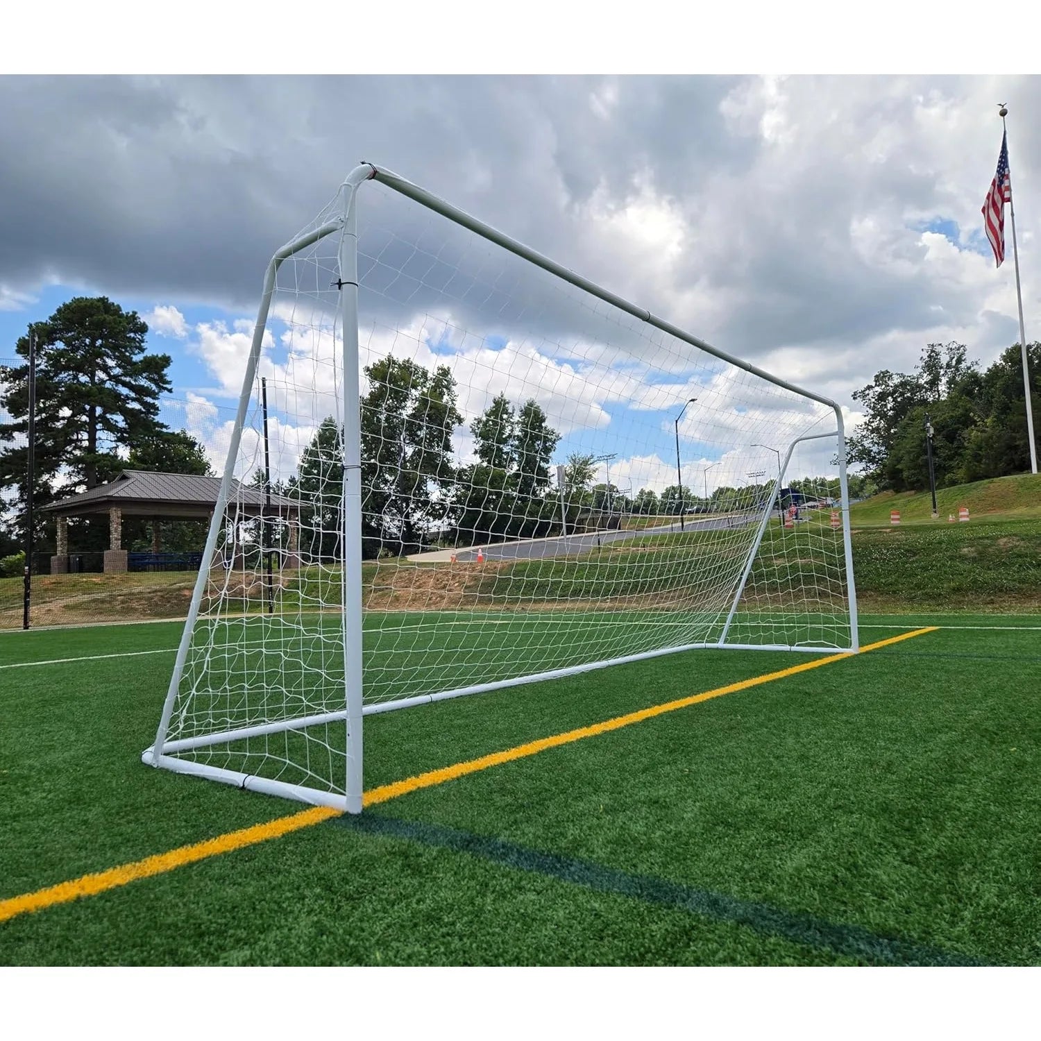 Official Size 24 X 8 X 5 Ft. Steel Soccer Goal. Heavy Duty Frame w/Net. Tournament, Regulation Size. Professional Portable Pract