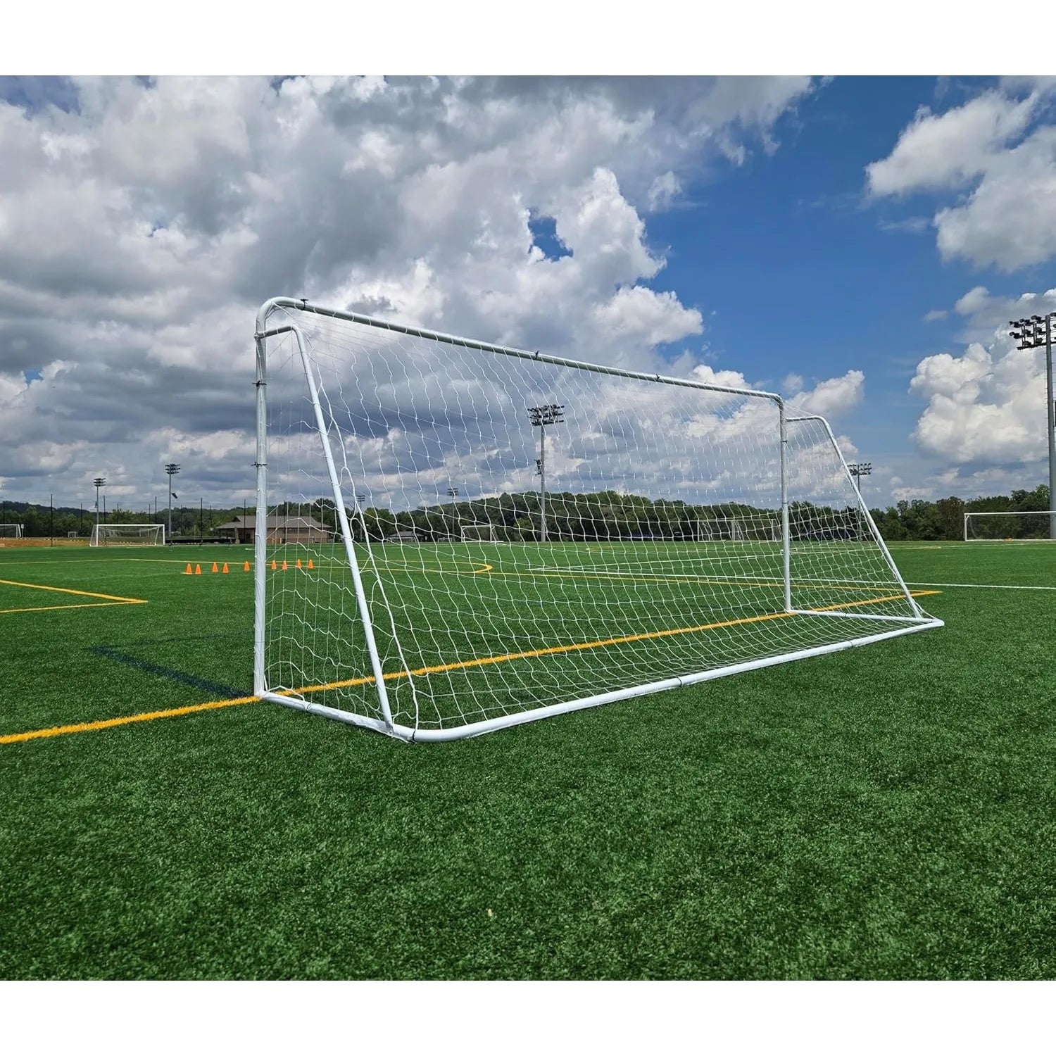 Official Size 24 X 8 X 5 Ft. Steel Soccer Goal. Heavy Duty Frame w/Net. Tournament, Regulation Size. Professional Portable Pract