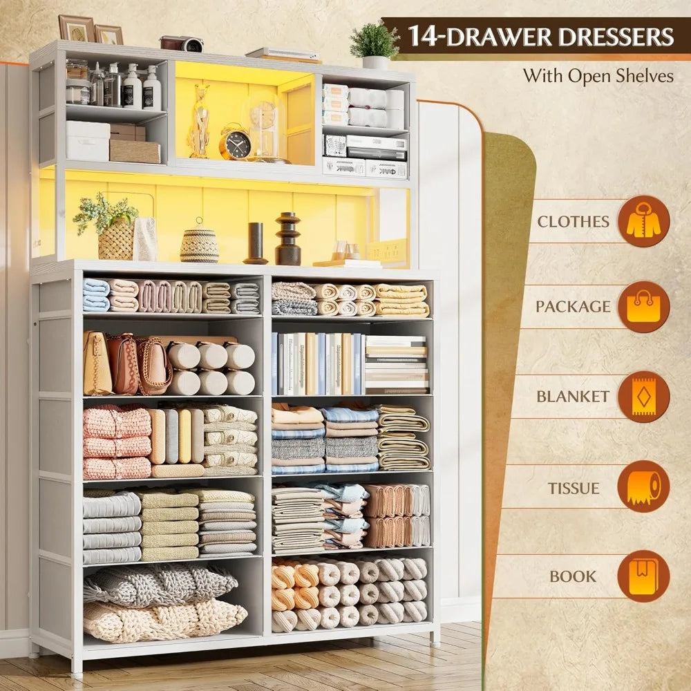 Tall Dresser for Bedroom with 14 Fabric Drawers,White Dresser with Charging Station and LED Lights,Dressers & Chests of Drawers