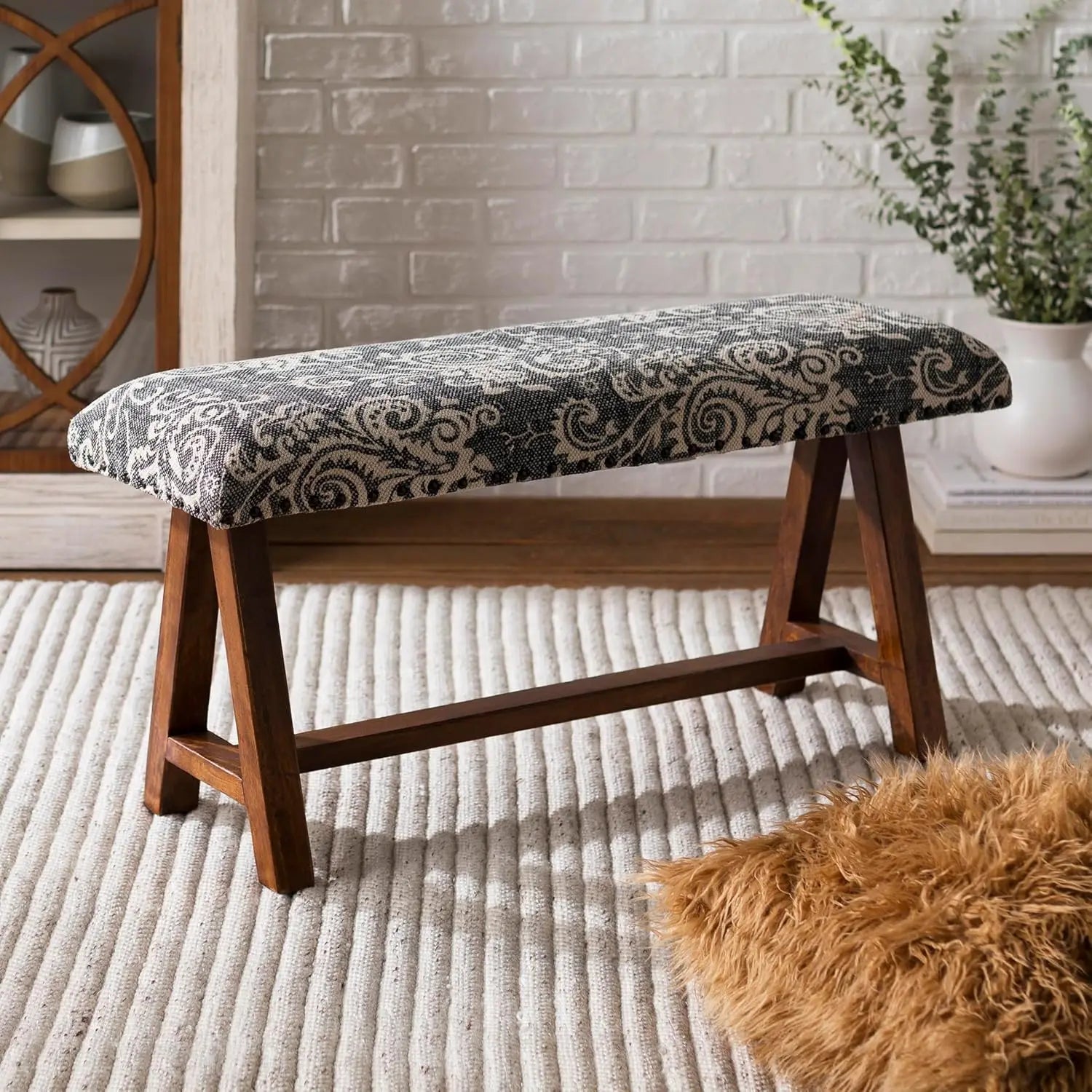 Mark&Day Bedroom Bench, Gran Dark Green Upholstered End of Bed Ottoman Benches, Rustic Boho Entryway Footrest Stool Seat, Handma