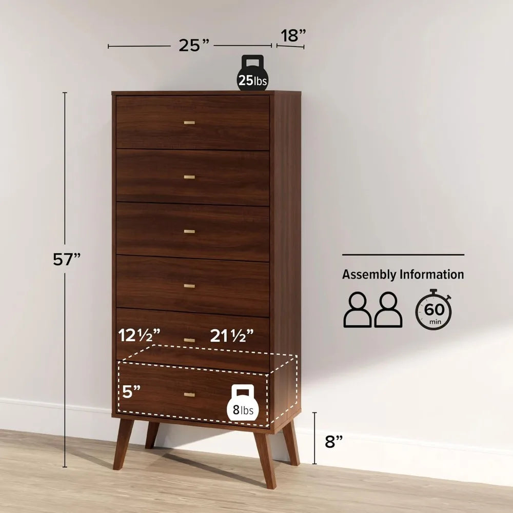 Prepac Milo Mid-Century Modern 6 Drawer Dresser, Tall and Narrow Chest of Drawers, Retro Bedroom Furniture, Lingerie Dresser, 18