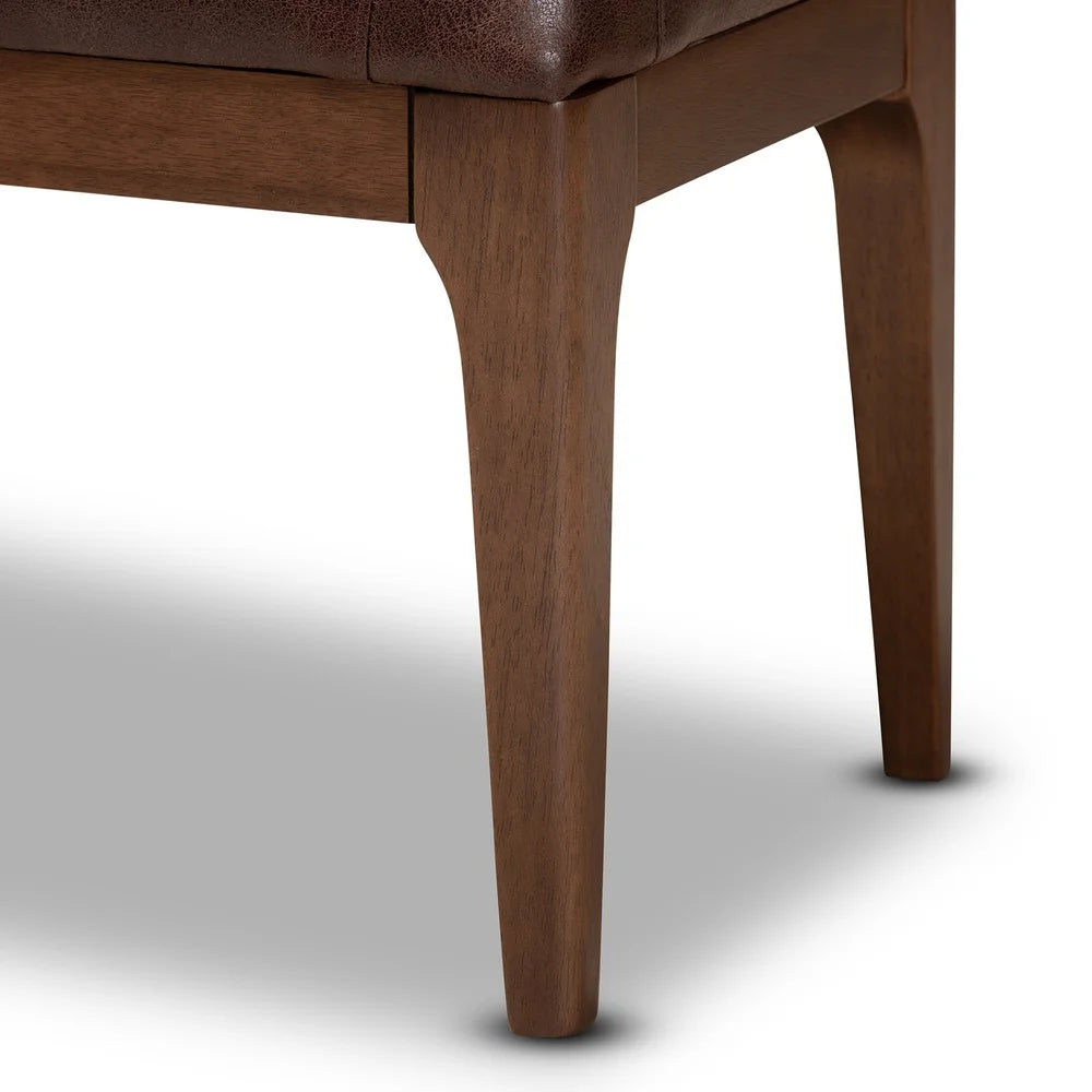 Mid-Century Modern Upholstered Dining Bench Solid Rubberwood Foam Padding Faux Leather Tapered Legs Indoor Assembly Required