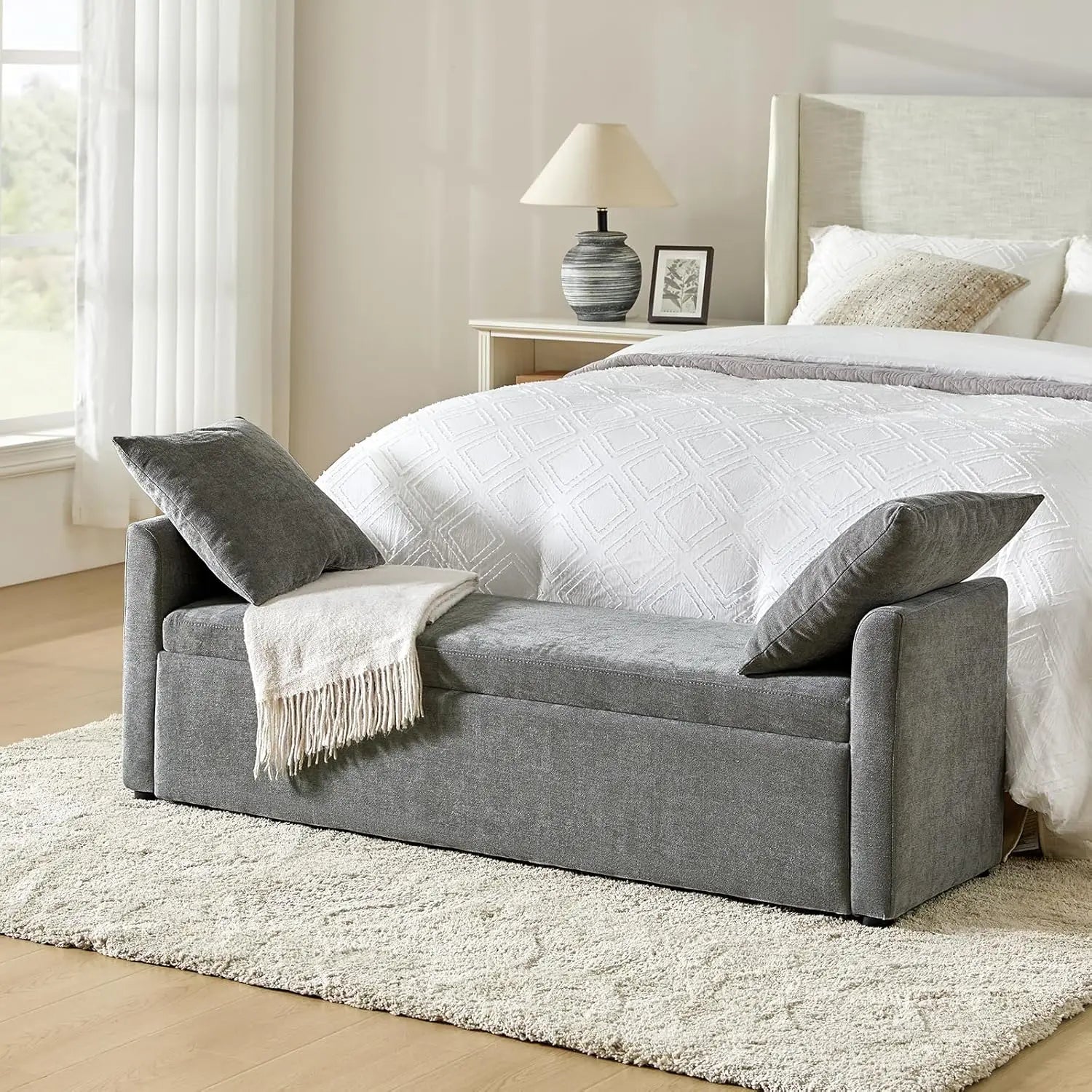 Modern Storage Bench with Throw Pillows, 59.4" Extra Long Bedroom Ottoman Bench for End of Bed, Comfy Upholstered