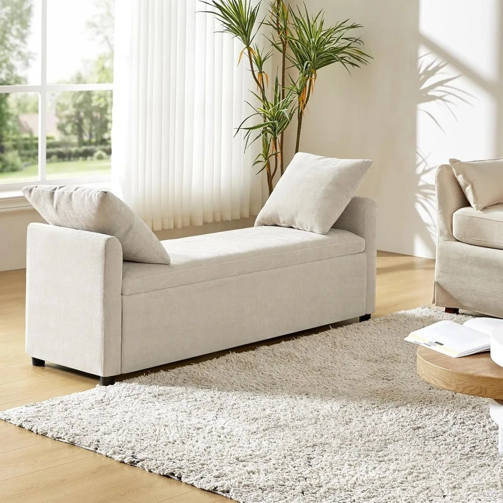 Modern Storage Bench with Throw Pillows, 59.4" Extra Long Bedroom Ottoman Bench for End of Bed, Comfy Upholstered