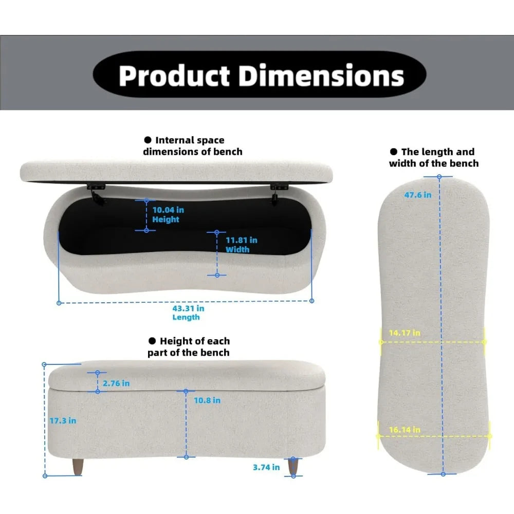 48" Storage Ottoman Bench, Upholstered Oval Entryway Bench with 4 Solid Wood Legs, Flip-Top Teddy Fabric Footrest for Bedroom