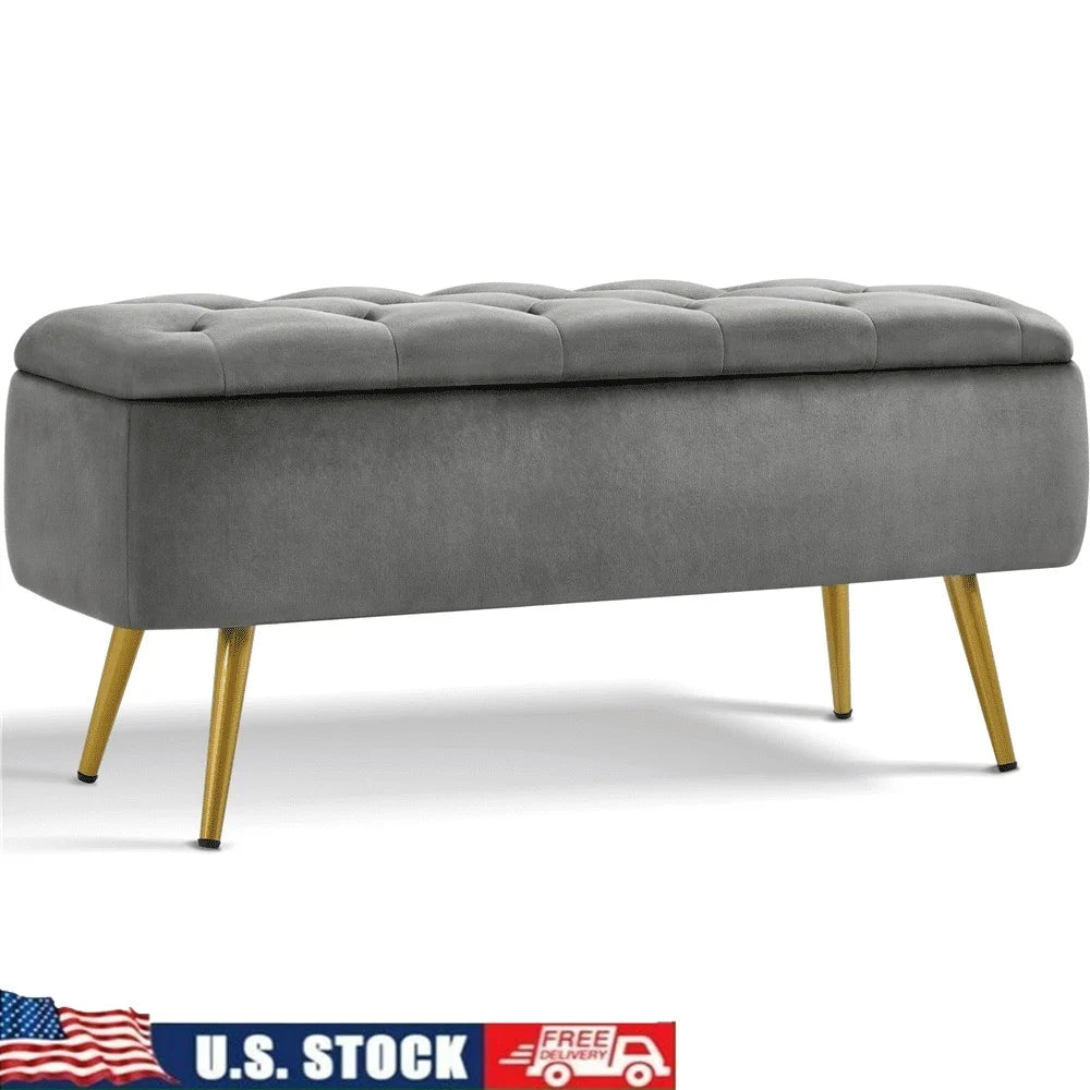 Modern Velvet Upholstered Storage Bench with Metal Legs Indoor Use Soft Touch High Density Foam Quick Assembly Large Capacity