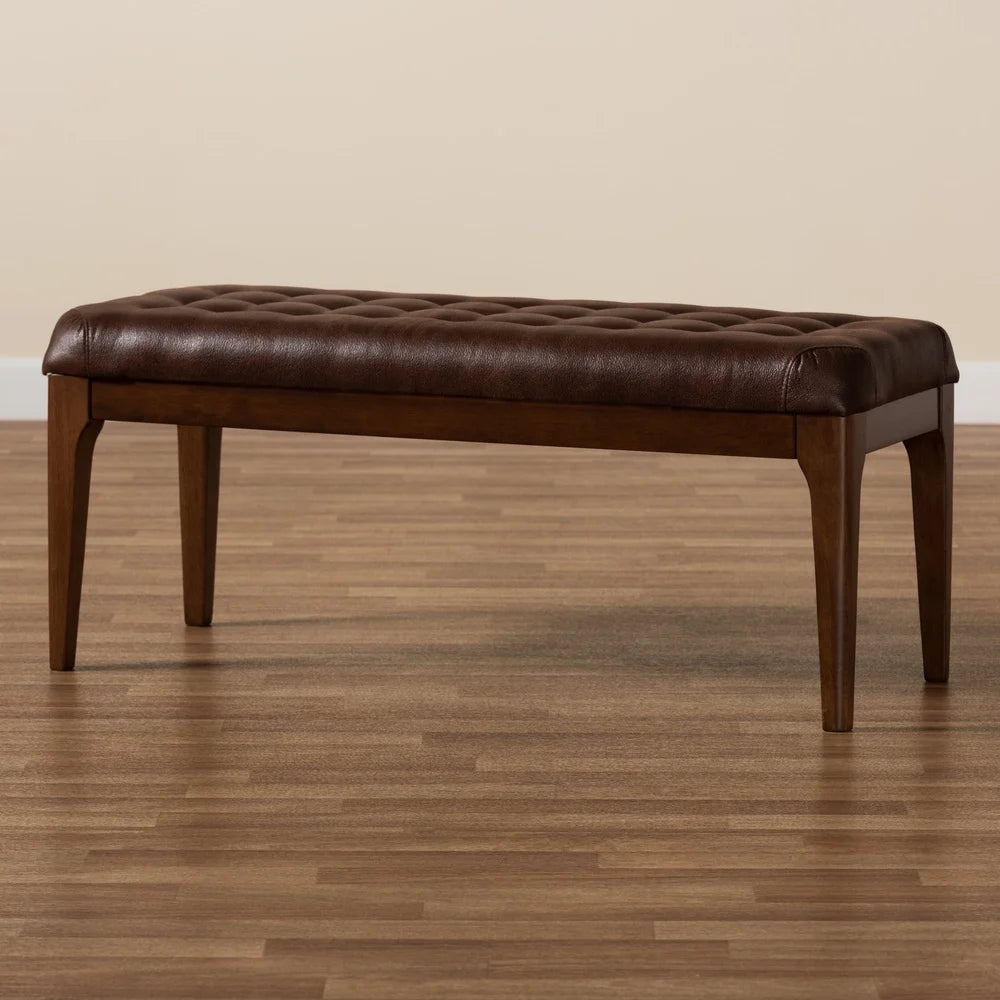 Mid-Century Modern Upholstered Dining Bench Solid Rubberwood Foam Padding Faux Leather Tapered Legs Indoor Assembly Required