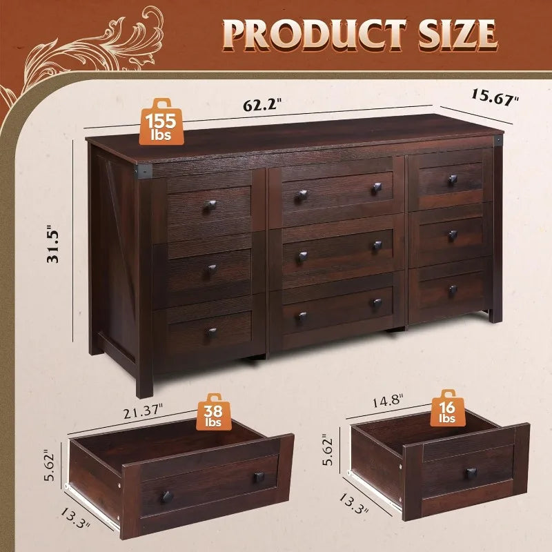 WLIVE Farmhouse Dresser  Bedroom,63" Wide 9Drawer Dresser Storage Organizer,Wood Chest of Drawers,TV Stand for 70 inch TV(Brown)