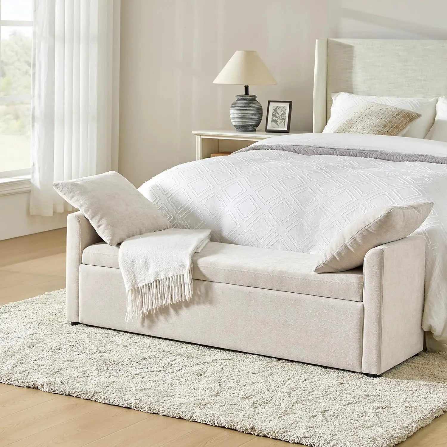 Modern Storage Bench with Throw Pillows, 59.4" Extra Long Bedroom Ottoman Bench for End of Bed, Comfy Upholstered