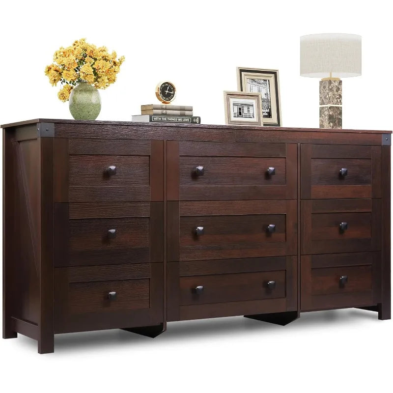 WLIVE Farmhouse Dresser  Bedroom,63" Wide 9Drawer Dresser Storage Organizer,Wood Chest of Drawers,TV Stand for 70 inch TV(Brown)
