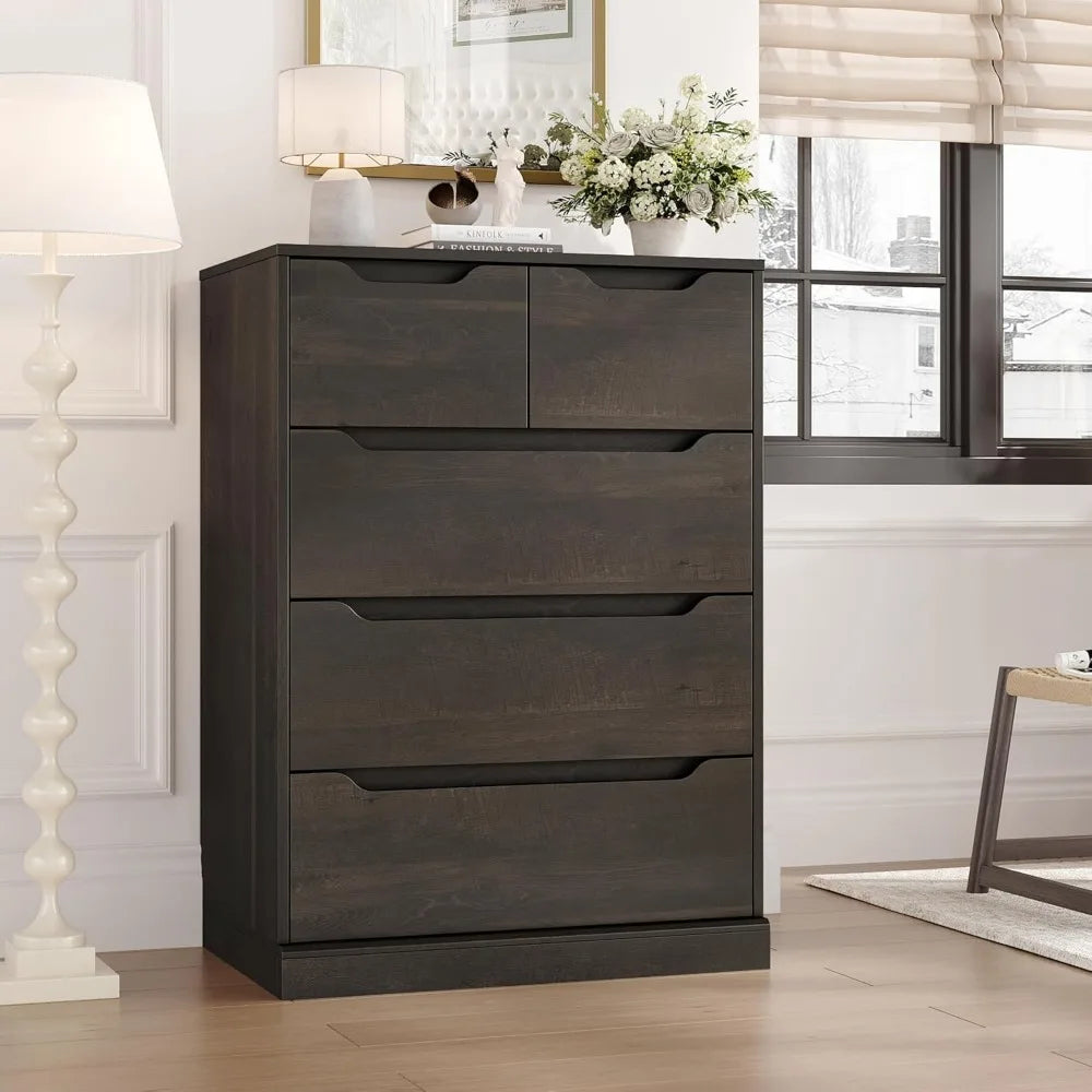 modern 5 drawer dresser for bedroom, chest of drawers with storage, wood storage chest organizers with cut-out handles, accent