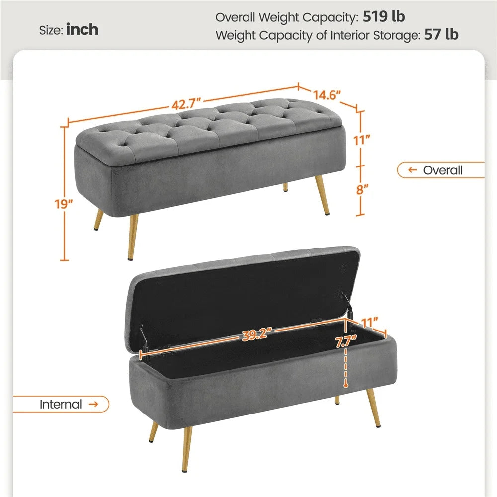 Modern Velvet Upholstered Storage Bench with Metal Legs Indoor Use Soft Touch High Density Foam Quick Assembly Large Capacity