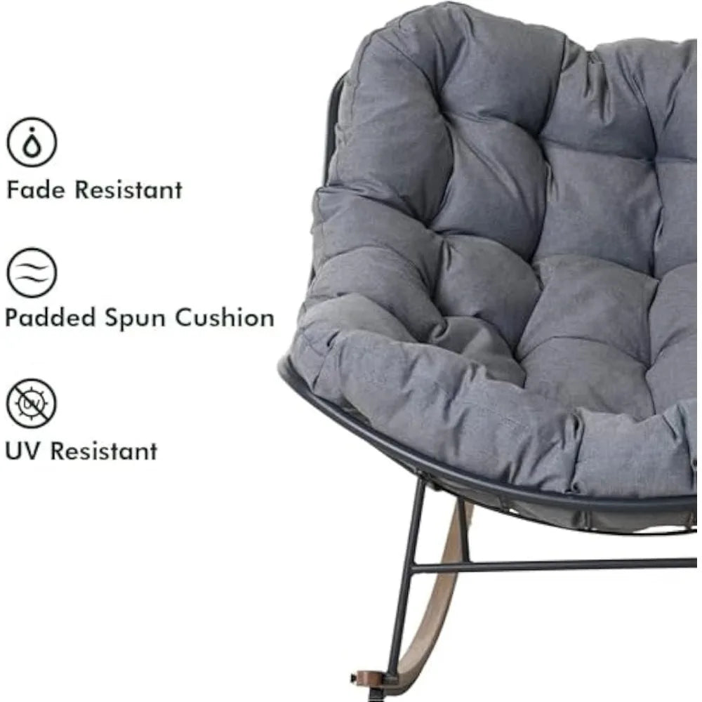 Outdoor Rocking Chair, E-Coated Modern Cozy Lounge Rocker Chair with Cushion for Balcony Porch Patio, Gray