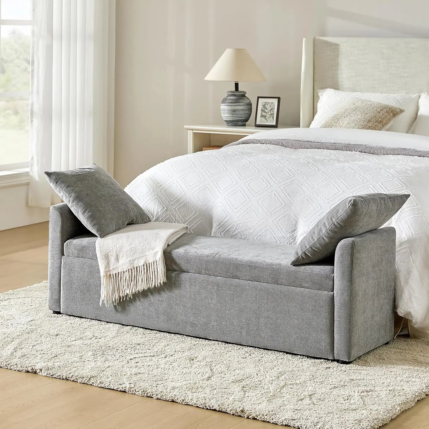 Modern Storage Bench with Throw Pillows, 59.4" Extra Long Bedroom Ottoman Bench for End of Bed, Comfy Upholstered