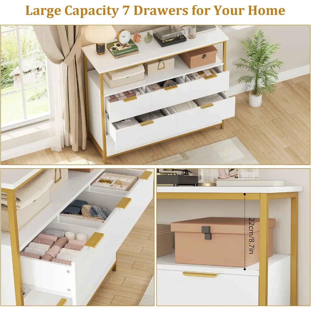 Modern 7 Drawer Dresser, White Dresser with Metal Handles, White and Gold Dresser, Tall Dresser Chest of Drawers, Large Capacity