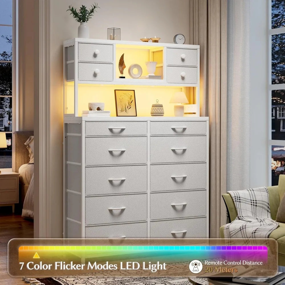 Tall Dresser for Bedroom with 14 Fabric Drawers,White Dresser with Charging Station and LED Lights,Dressers & Chests of Drawers