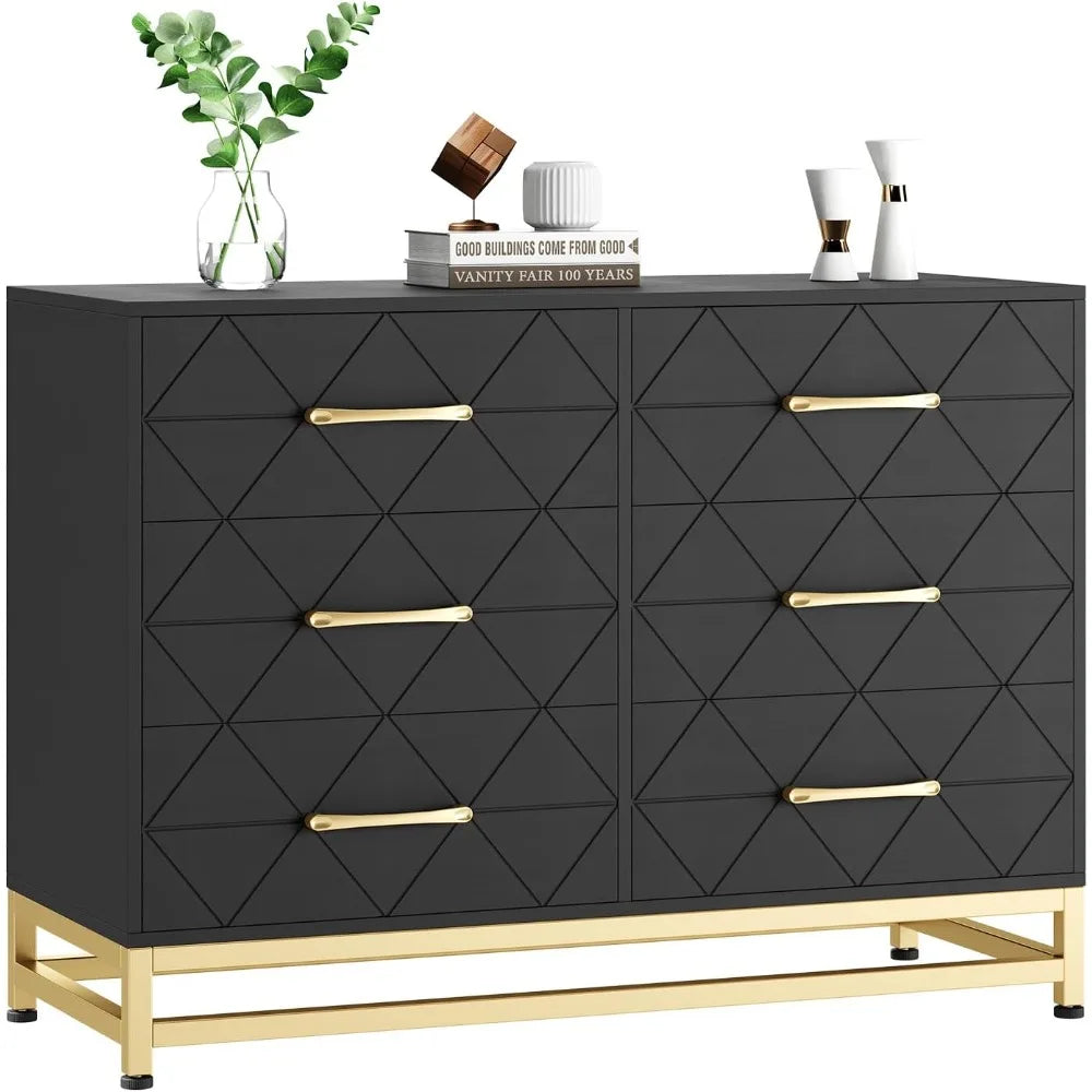 Jojoka 6 Drawer Dresser, Black Wood Dresser for Closet, TV Stand, Morden Chest of Drawers for Bedroom, Living Room, Hallway, Nur