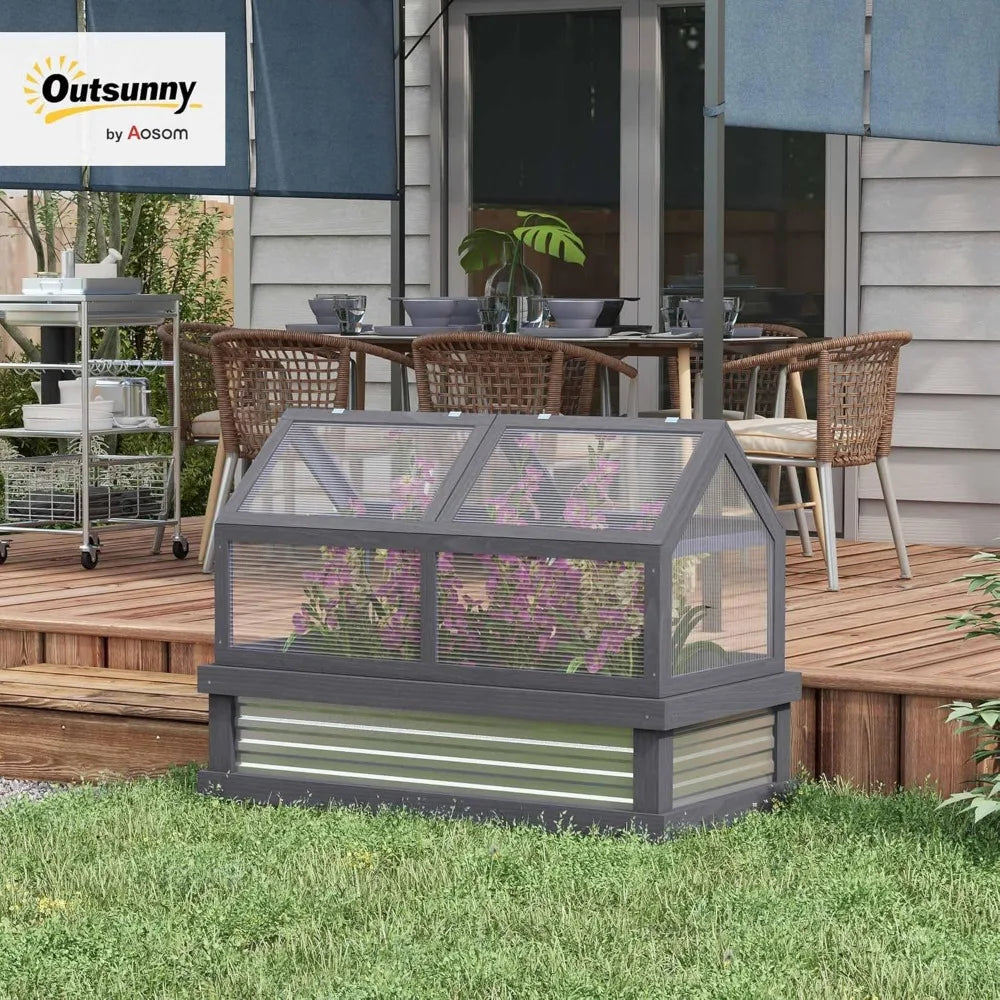 Raised Garden Bed with Polycarbonate Greenhouse, Wooden Cold Frame for Flower Plant Protection, 48 x 2 Feet