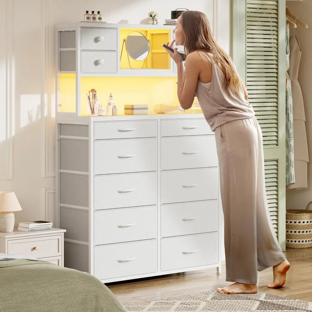 Tall Dresser for Bedroom with 14 Fabric Drawers,White Dresser with Charging Station and LED Lights,Dressers & Chests of Drawers