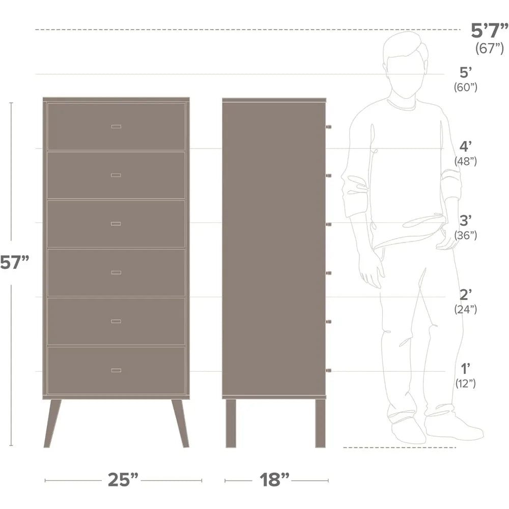 Prepac Milo Mid-Century Modern 6 Drawer Dresser, Tall and Narrow Chest of Drawers, Retro Bedroom Furniture, Lingerie Dresser, 18